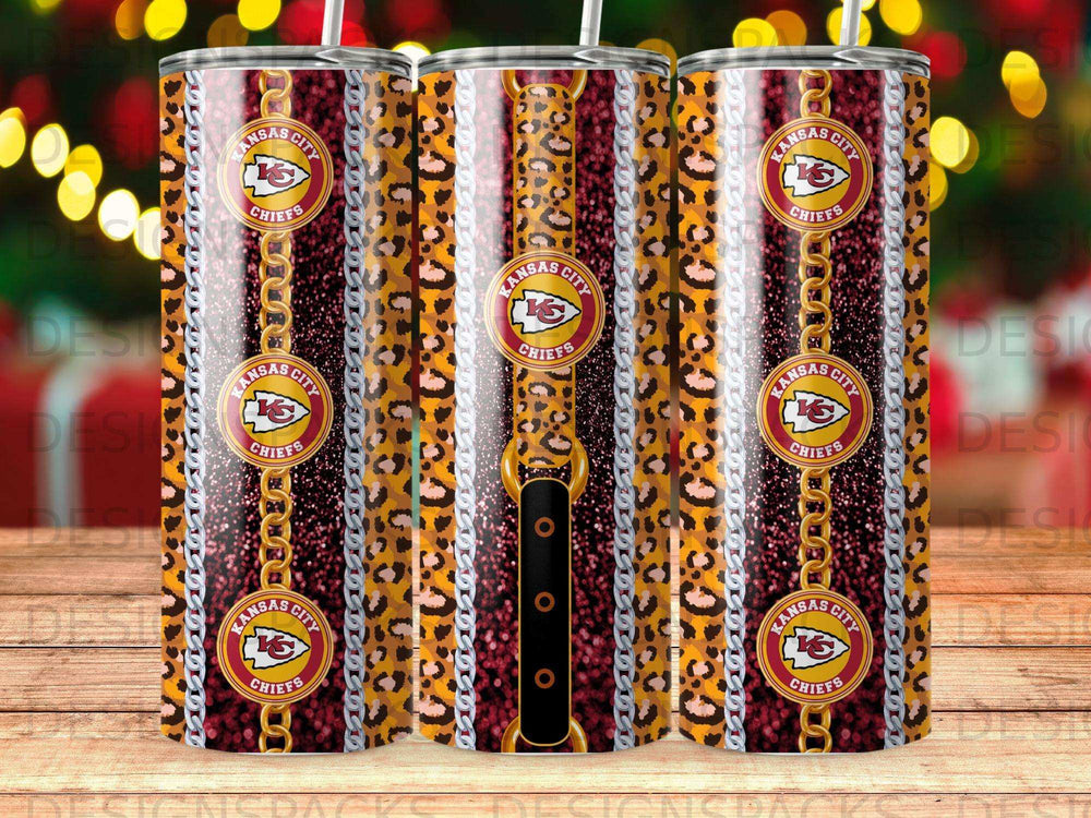 Kansas City Chiefs tumbler with leopard print, gold chains, and colorful bokeh lights.