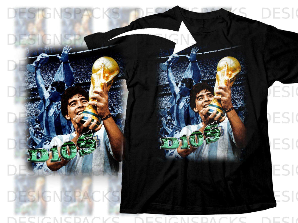 Black t-shirt with Maradona holding the World Cup trophy and "D10S" text.