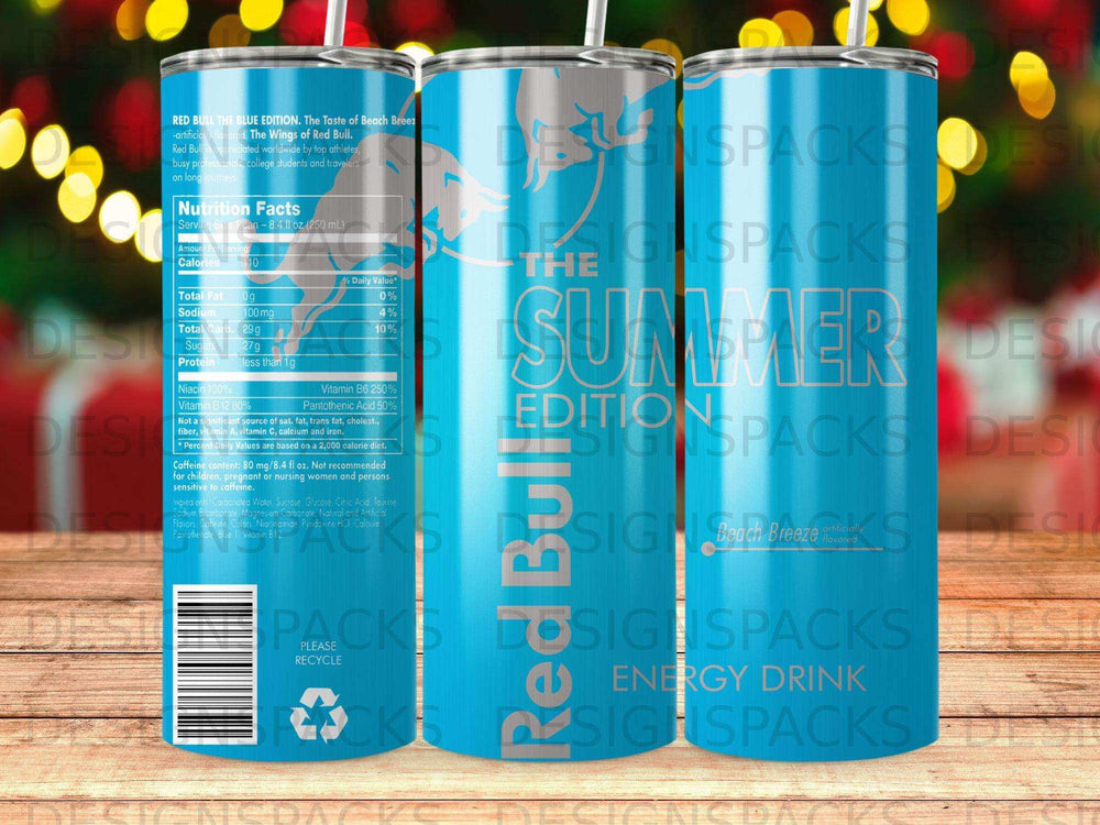Red Bull Blue Edition, Beach Breeze flavor, with nutrition facts.