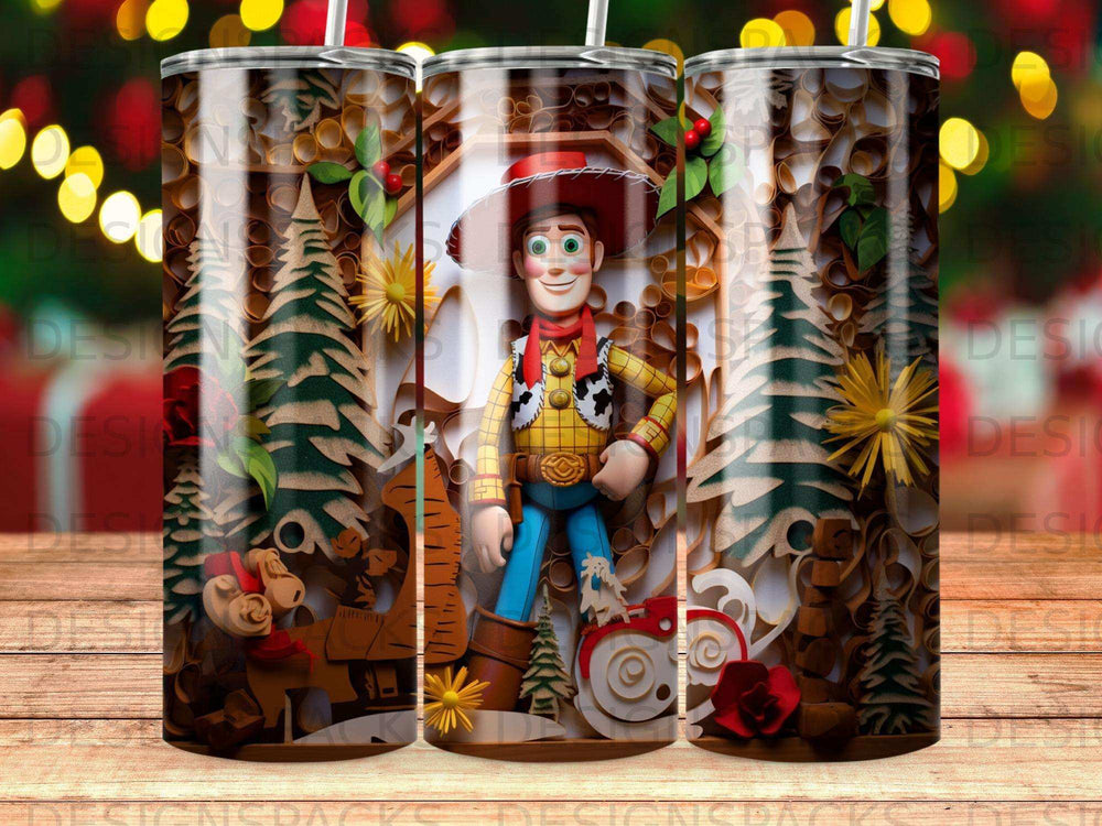 Woody from Toy Story character in a forest scene with Christmas tree ornaments.