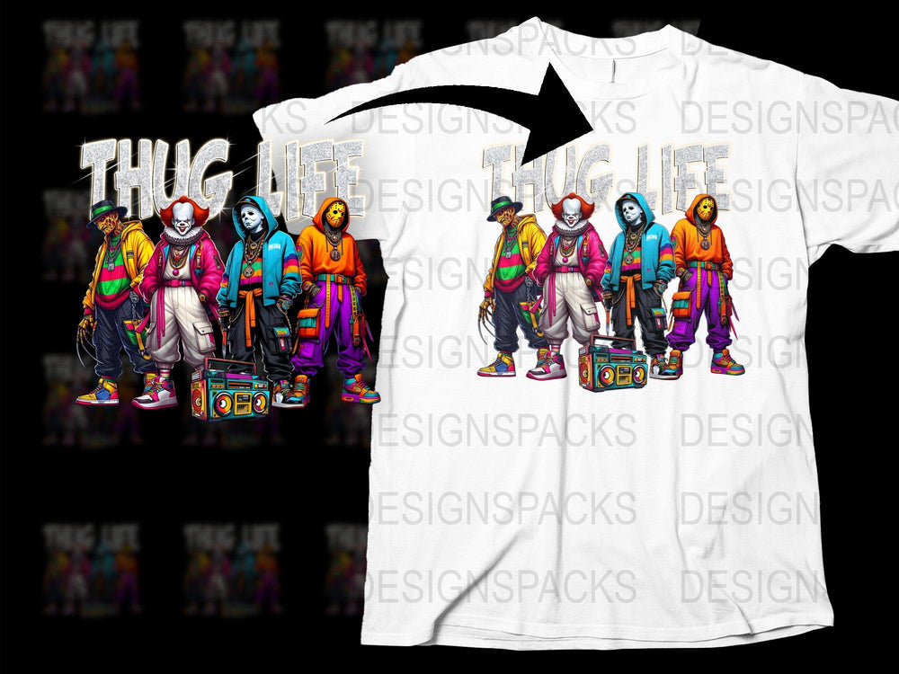 Thug Life Cartoon Characters T-Shirt, Colorful Urban Streetwear, Hip Hop Fashion Tee, Unisex Adult Clothing