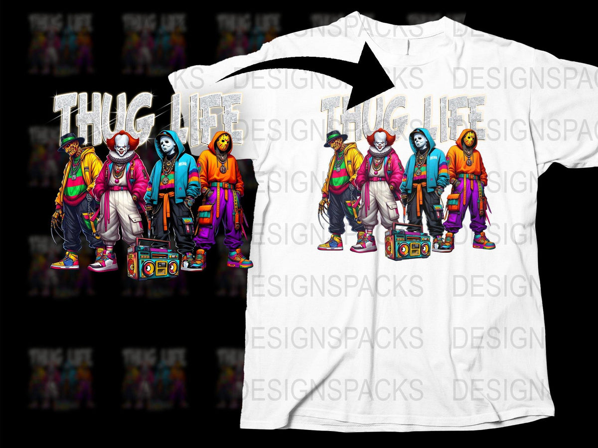 Thug Life Cartoon Characters T-Shirt, Colorful Urban Streetwear, Hip Hop Fashion Tee, Unisex Adult Clothing