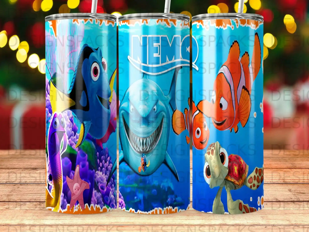 Nemo and friends underwater with coral and a shark.