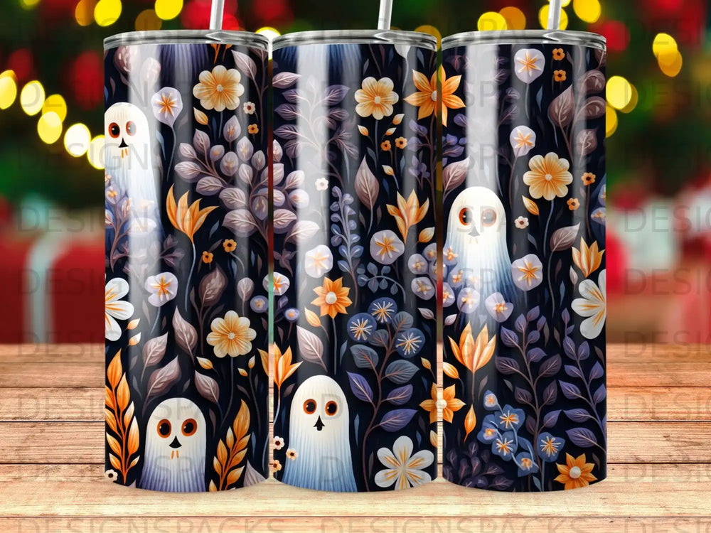 Dark tumbler with a ghost and floral pattern.