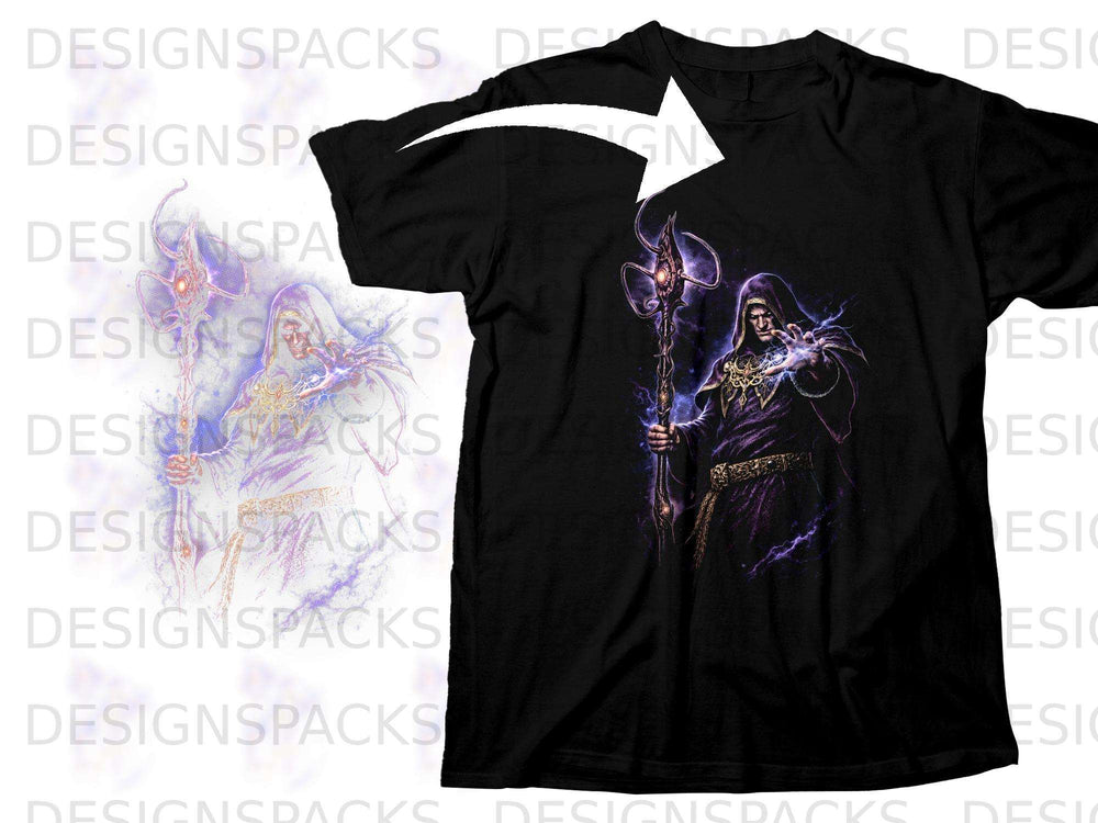 Black t-shirt with a dark wizard illustration holding a staff, surrounded by purple energy.