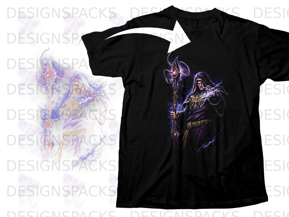 Black t-shirt with a dark wizard illustration holding a staff, surrounded by purple energy.