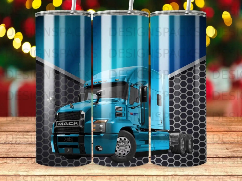 Blue Mack truck with hexagonal pattern background and bokeh lights.