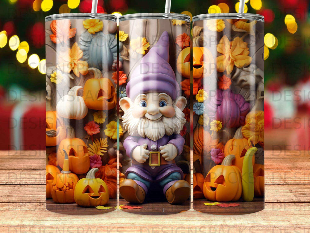 Gnome with pumpkins and autumn leaves on a tumbler wrap.