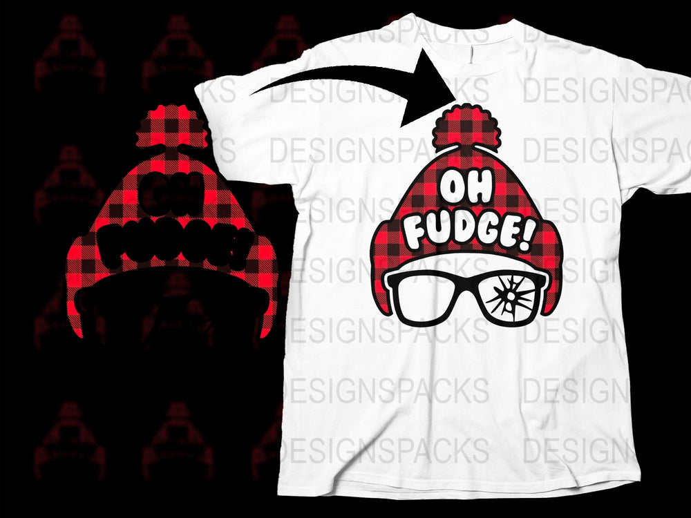 Funny Christmas T-Shirt, Oh Fudge Winter Hat Design, Red Buffalo Plaid, Holiday Tee, Unisex Graphic Shirt for Casual Wear