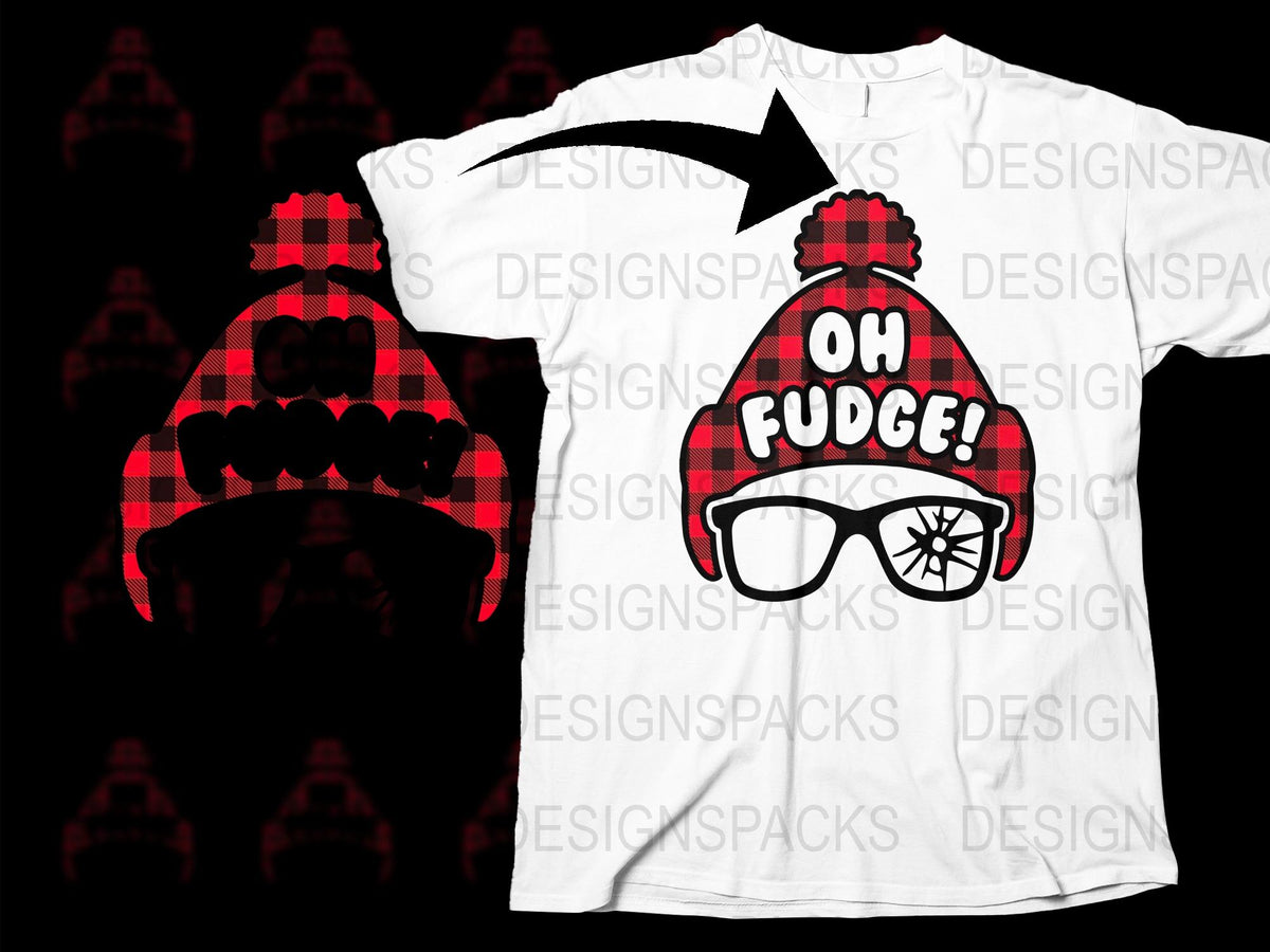 Funny Christmas T-Shirt, Oh Fudge Winter Hat Design, Red Buffalo Plaid, Holiday Tee, Unisex Graphic Shirt for Casual Wear