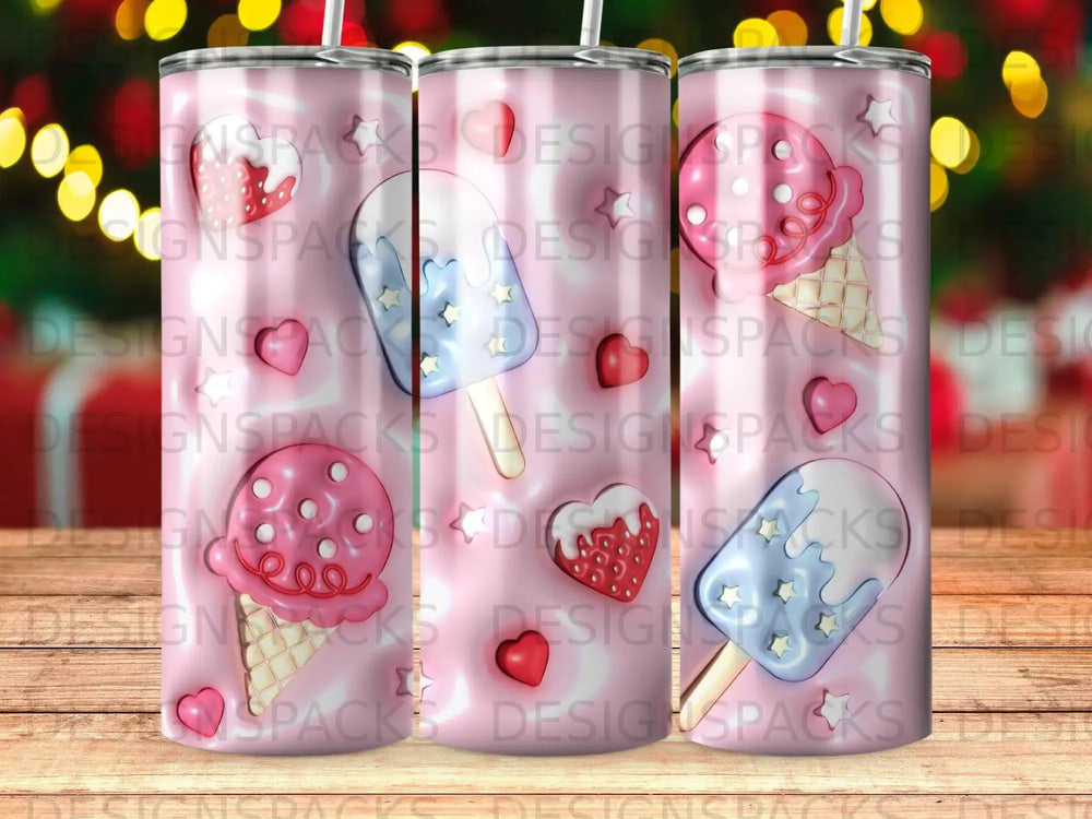 Pink tumblers with popsicle and heart designs.