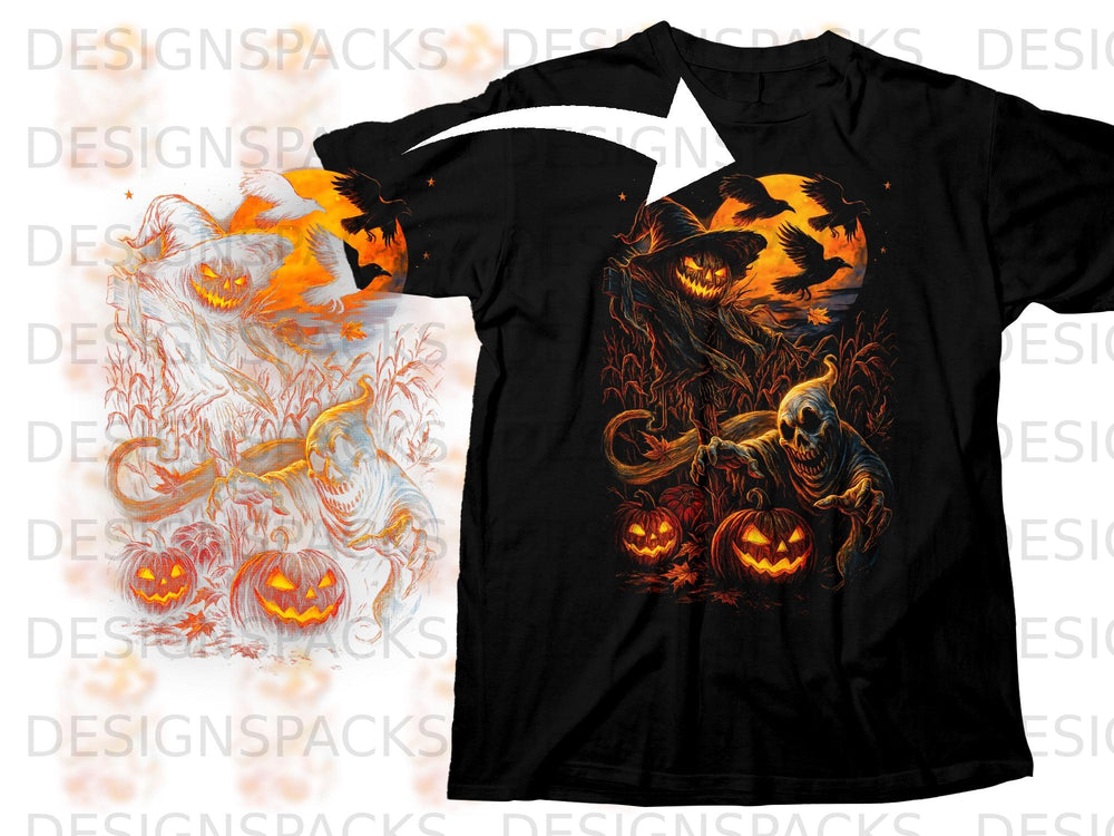Halloween-themed graphic with jack-o'-lanterns, scarecrow, and crows on black t-shirt.