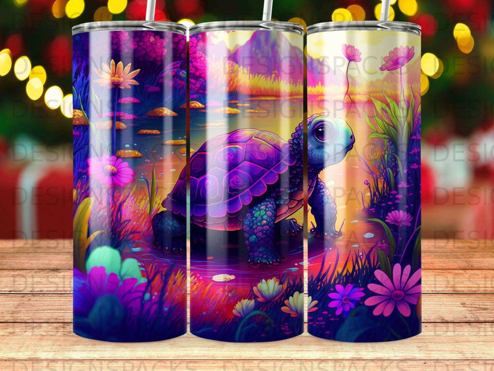 Whimsical purple turtle in a glowing, floral, mystical landscape.