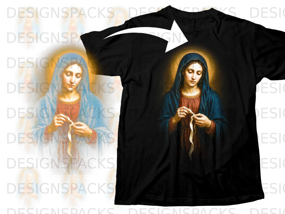 Black t-shirt with a religious depiction of Mary, hands tied with ribbon.
