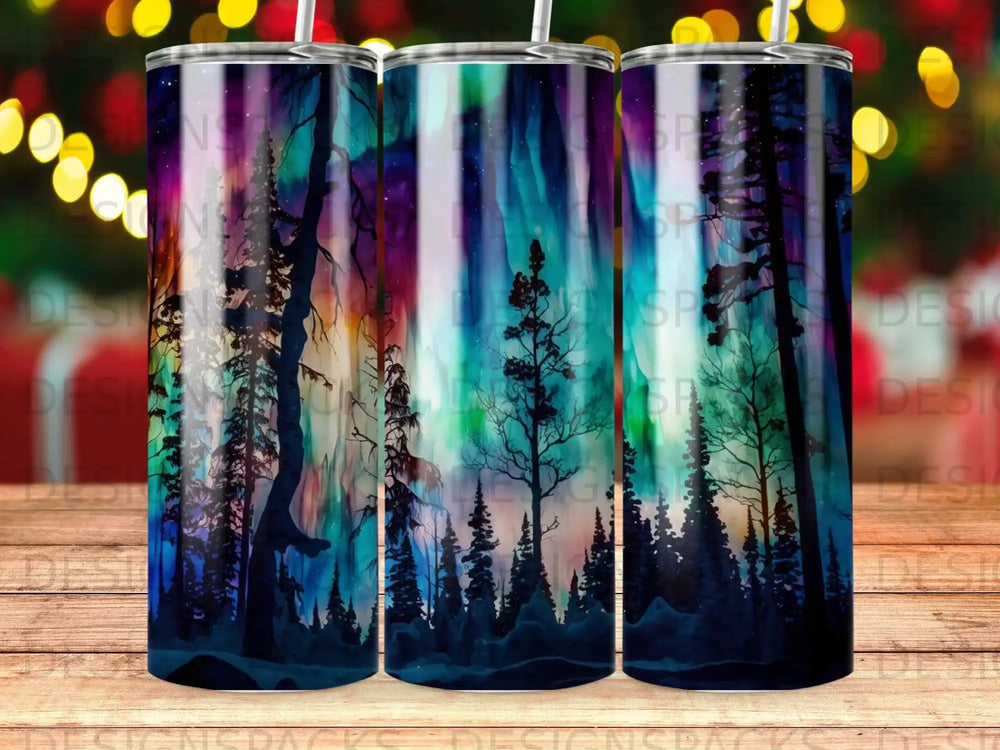 Forest silhouette under colorful aurora borealis on a tumbler.