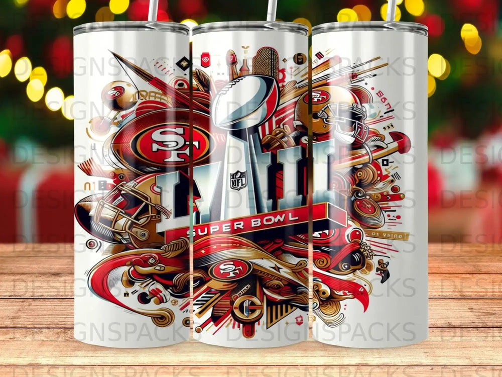 San Francisco 49ers Super Bowl themed tumbler with team logo and football imagery.