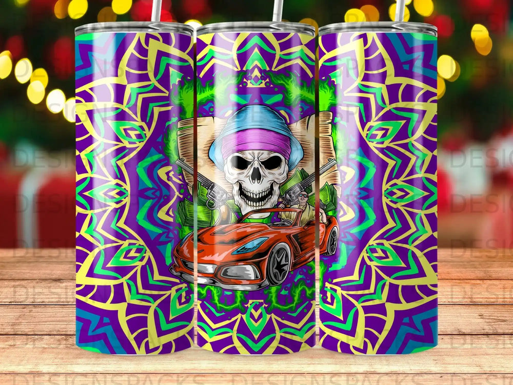 Skull with bandana, car, and guns on mandala background.