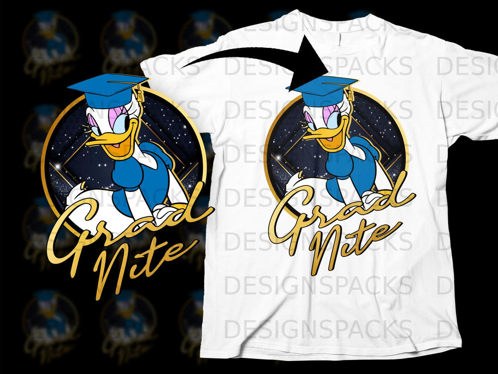Daisy Duck wearing a graduation cap and gown with "Grad Nite" text.