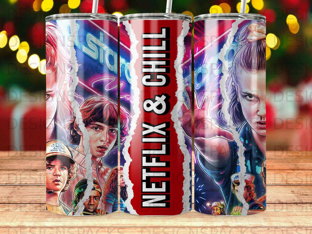 Stranger Things characters and Netflix & Chill logo on a tumbler.