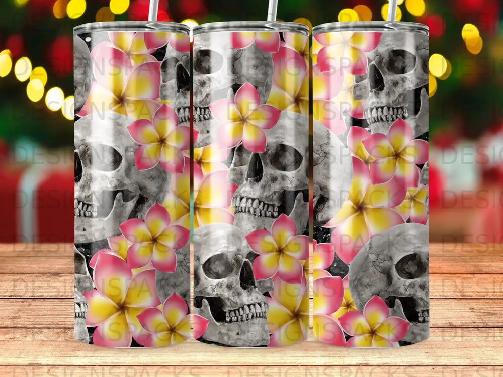 Skulls and pink plumeria flowers on a festive, bokeh background.
