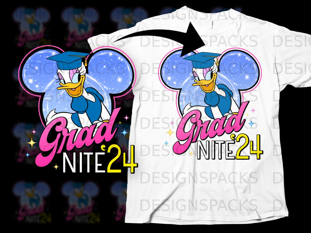 Daisy Duck wearing a graduation cap with "Grad Nite 24" text.