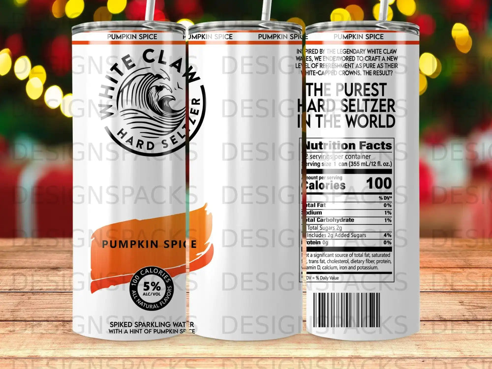 White Claw Pumpkin Spice hard seltzer can with nutrition facts and branding.