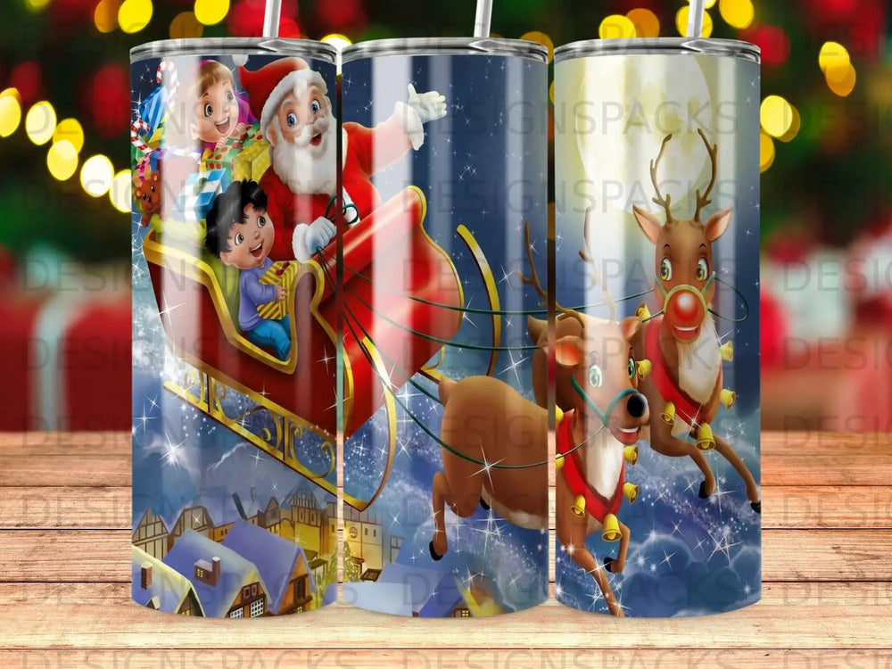 Santa in sleigh with reindeer and children flying over snow-covered village.