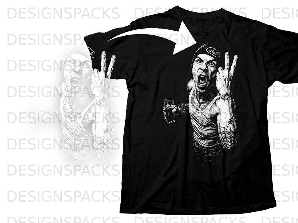 Black t-shirt with a graphic of a man wearing a beanie and tank top, holding a glass.