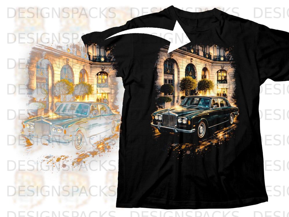 Black t-shirt featuring a vintage Rolls-Royce in front of a classic building.