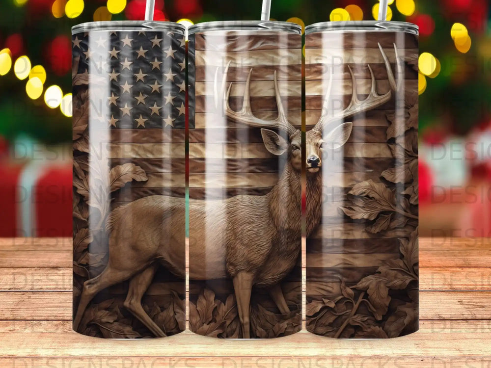 Deer and American flag embossed on a patterned tumbler.