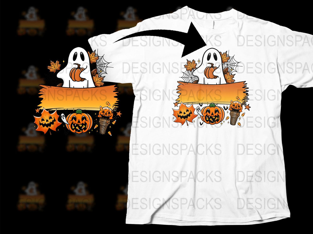 Cute Ghost Halloween T-Shirt, Autumn Leaves and Pumpkin Graphic Tee, Fall Season Casual Wear