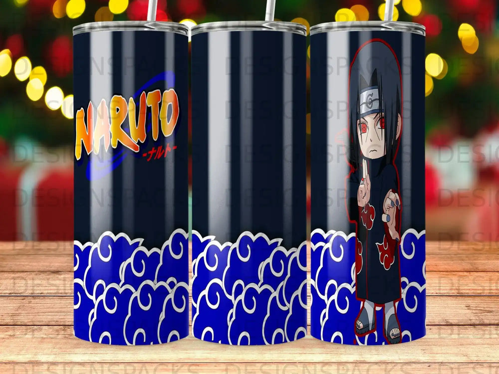 Naruto character Itachi Uchiha on a blue cloud patterned tumbler.