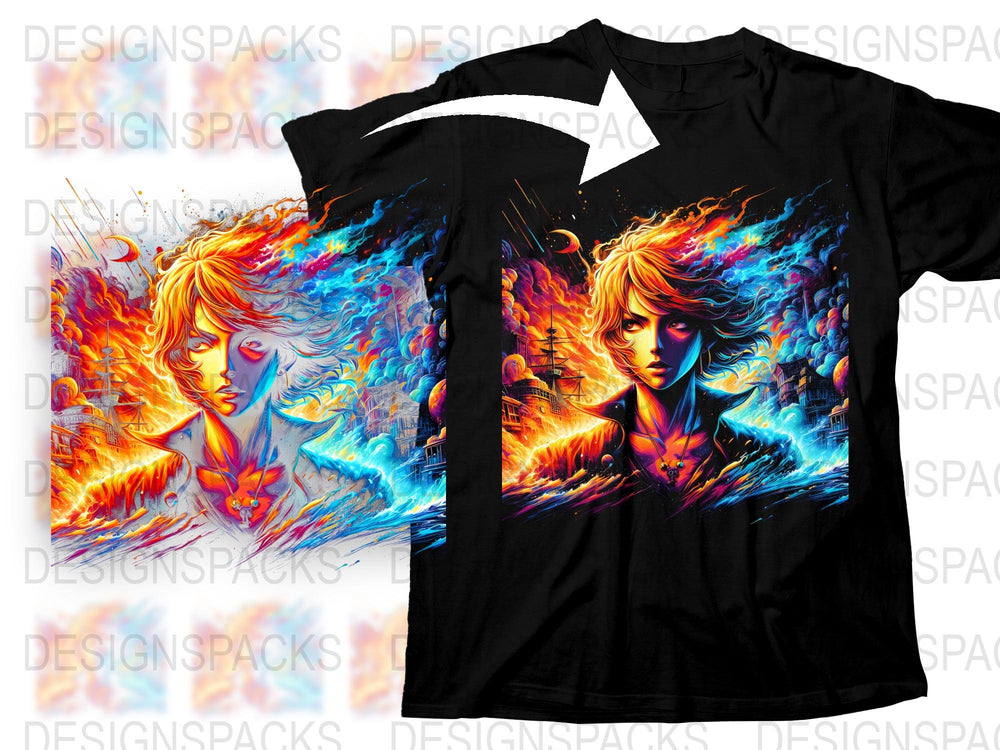 Vibrant Fire and Ice Graphic T-Shirt, Colorful Fantasy Art Tee, Unique Flame Design, Unisex Fashion Top