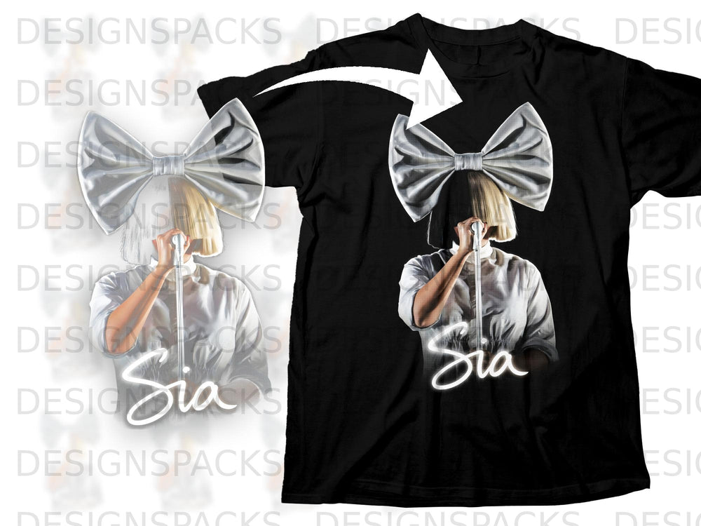 Sia graphic on black t-shirt with a white bow and microphone.