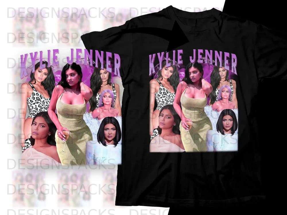 Kylie Jenner collage on a black t-shirt.