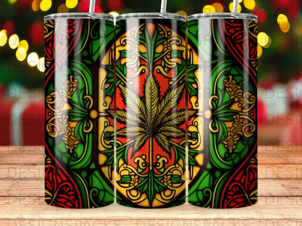 Stained glass tumbler with cannabis leaf design.