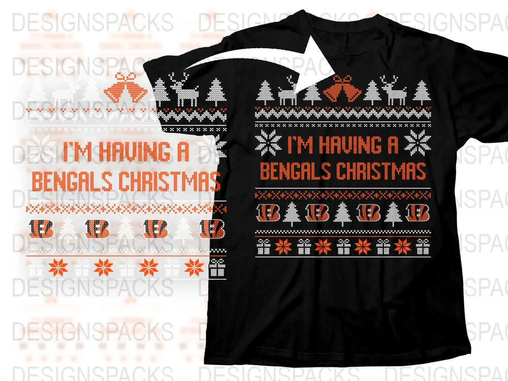 Festive Bengals Christmas T-Shirt, Holiday Football Fan Apparel, Graphic Black Tee with Orange Design