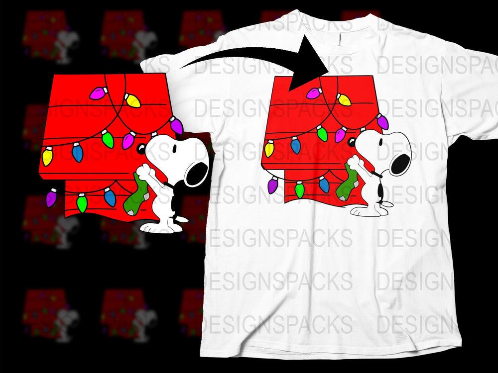 Festive Cartoon Dog T-Shirt, Holiday Lights Red and White Tee, Casual Christmas Apparel for All Ages