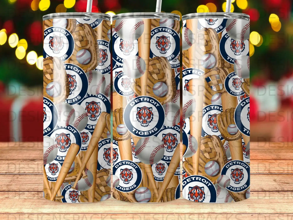Tumbler featuring Detroit Tigers logo, baseballs, and gloves.