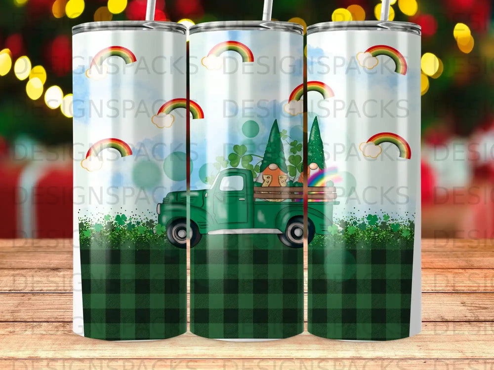 Green plaid truck with gnomes and rainbows, three tumblers shown.