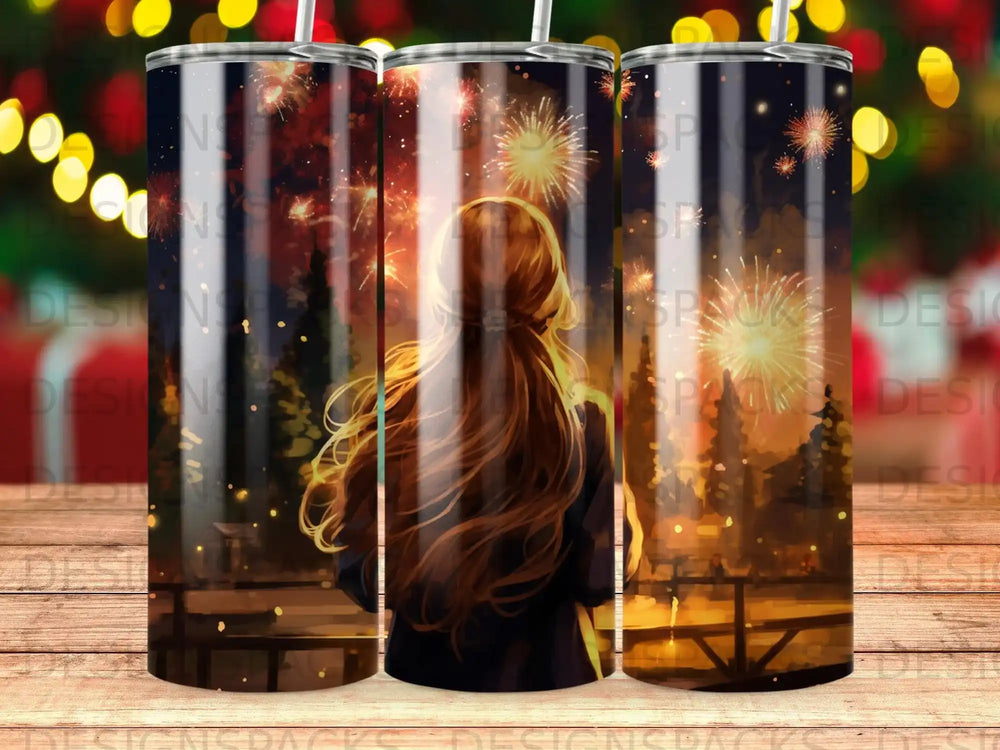 Woman watches fireworks over city skyline with festive lights.