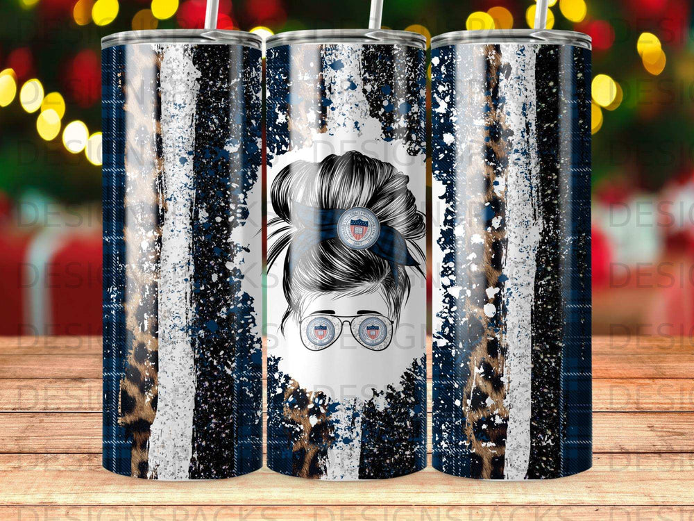 Sublimation tumbler design with a messy bun, leopard print, and distressed navy and white stripes.