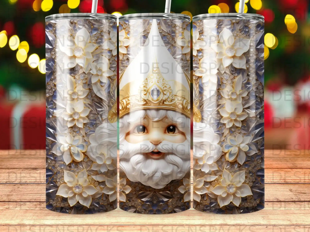 Saint Nicholas with ornate floral and diamond pattern on tumbler.