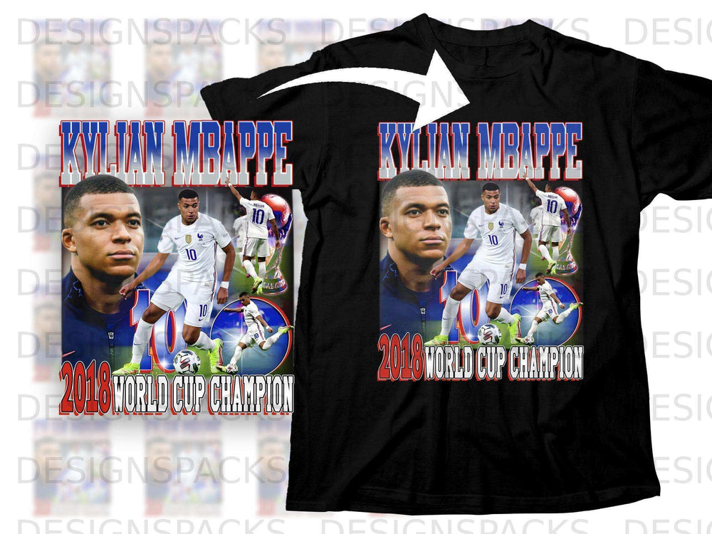 Kylian Mbappé 2018 World Cup Champion t-shirt with player and trophy graphics.