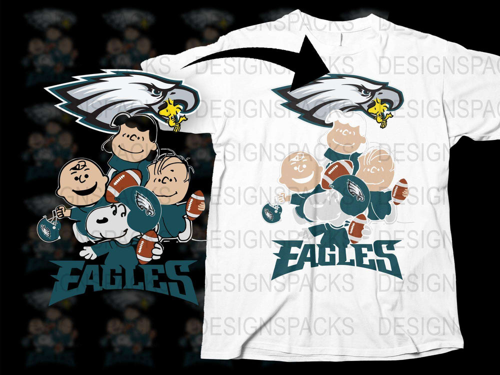 Cartoon Characters Football Fan T-Shirt, Eagles Team Graphic Tee, Casual Sports Apparel
