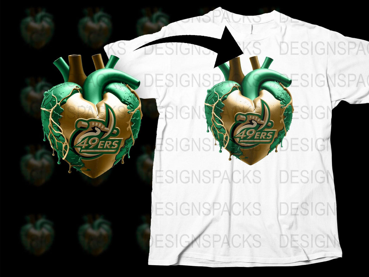 San Francisco 49ers Themed T-Shirt, Heart Design, Gold and Green, Fan Apparel, Unique Graphic Tee