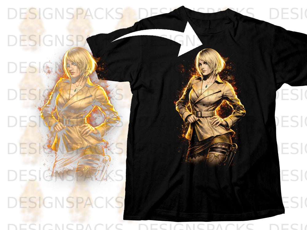 Black t-shirt featuring artwork of a woman in a tan trench coat with fiery effects.