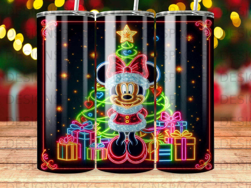 Minnie Mouse in a festive outfit stands by a neon Christmas tree and gifts.