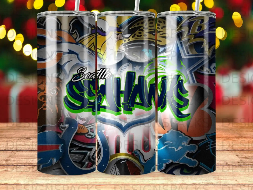 Seattle Seahawks logo with various NFL team logos on a textured background.