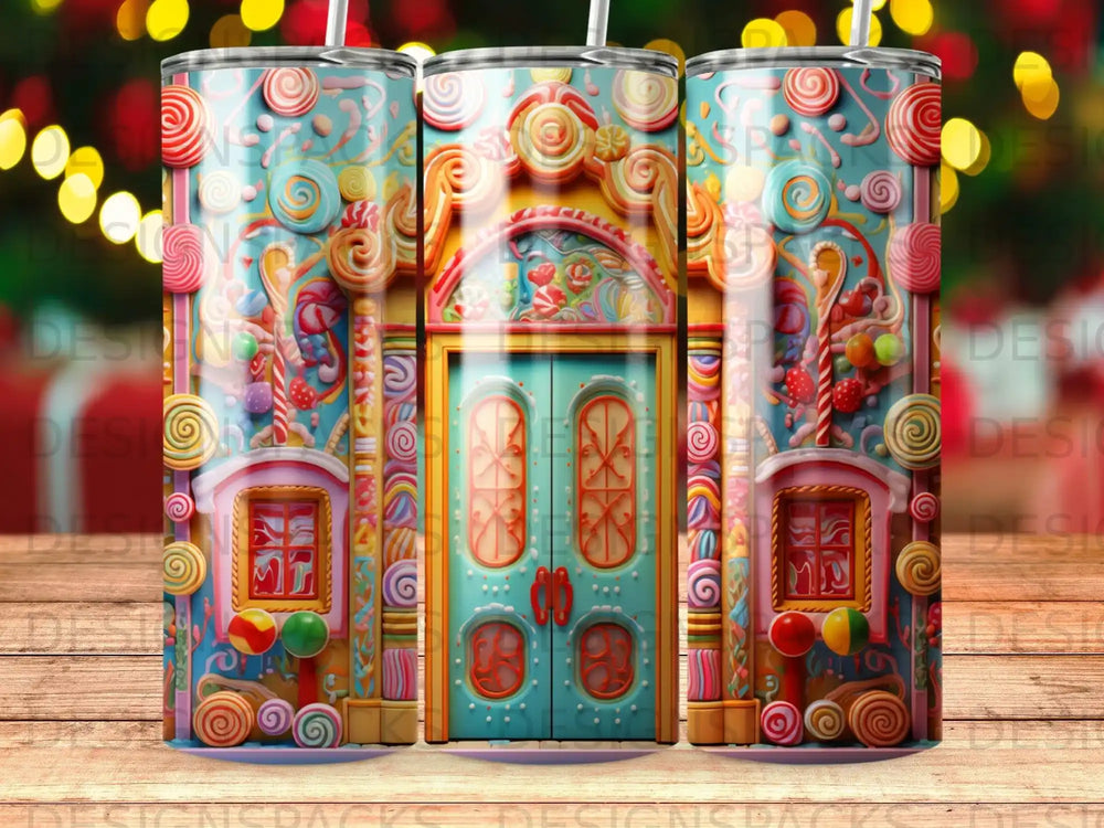 Candy-themed door and windows with lollipop and swirl decorations on tumbler.